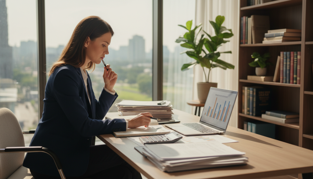 A well-lit office space featuring a professional woman in business attire, seated at a modern desk cluttered with financial documents, a calculator, and a laptop displaying graphs. In the foreground, focus on her thoughtful expression as she analyzes her finances, embodying responsibility and diligence. In the middle ground, include a potted plant and a bookshelf filled with finance-related books, suggesting a commitment to learning about financial management. The background should depict a large window with natural light streaming in, casting a warm glow, creating an atmosphere of calm and focus. The color scheme is soft and inviting, with earthy tones that promote a sense of stability and responsibility in personal finance. A well-lit office space featuring a professional woman in business attire, seated at a modern desk cluttered with financial documents, a calculator, and a laptop displaying graphs. In the foreground, focus on her thoughtful expression as she analyzes her finances, embodying responsibility and diligence. In the middle ground, include a potted plant and a bookshelf filled with finance-related books, suggesting a commitment to learning about financial management. The background should depict a large window with natural light streaming in, casting a warm glow, creating an atmosphere of calm and focus. The color scheme is soft and inviting, with earthy tones that promote a sense of stability and responsibility in personal finance.