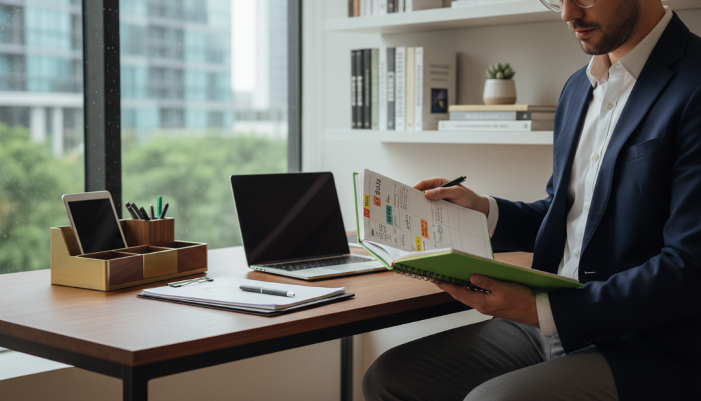 A well-organized workspace reflecting order and discipline, featuring a sleek wooden desk with neatly arranged business documents, a laptop, and a stylish desk organizer. In the foreground, a professional person dressed in smart business attire inspects a colorful planner filled with notes and goals. The middle ground shows a large window with soft, natural light streaming in, illuminating the serene environment. The background is adorned with minimalist shelves displaying books on entrepreneurship and successful business strategies. The overall mood is focused and inspiring, conveying the essence of discipline and structure essential for entrepreneurial success. The lighting is bright yet soft, with a shallow depth of field emphasizing the foreground elements while gently blurring the background.