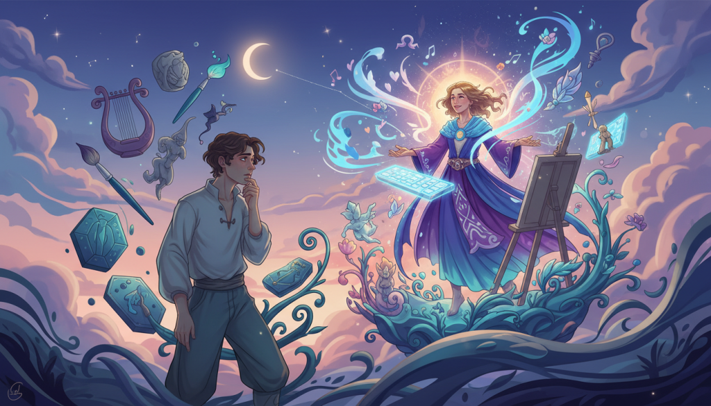 A whimsical and captivating illustration representing "envidia" in the context of an Aquarian personality. In the foreground, a person dressed in modest casual clothing, their face reflecting subtle jealousy, gazes enviously at a vibrant scene where another individual enjoys vibrant creativity. In the middle ground, colorful symbols of creativity and ambition surround the envious figure, such as art supplies, musical instruments, and blooming plants, highlighting aspirations. The background features a soothing twilight sky, casting a gentle glow, adding an ethereal quality to the atmosphere. Soft lighting enhances the emotional depth, suggesting a mix of tension and longing. The angle is slightly tilted to create a sense of movement, emphasizing the dynamic nature of envy without overshadowing the overall theme.