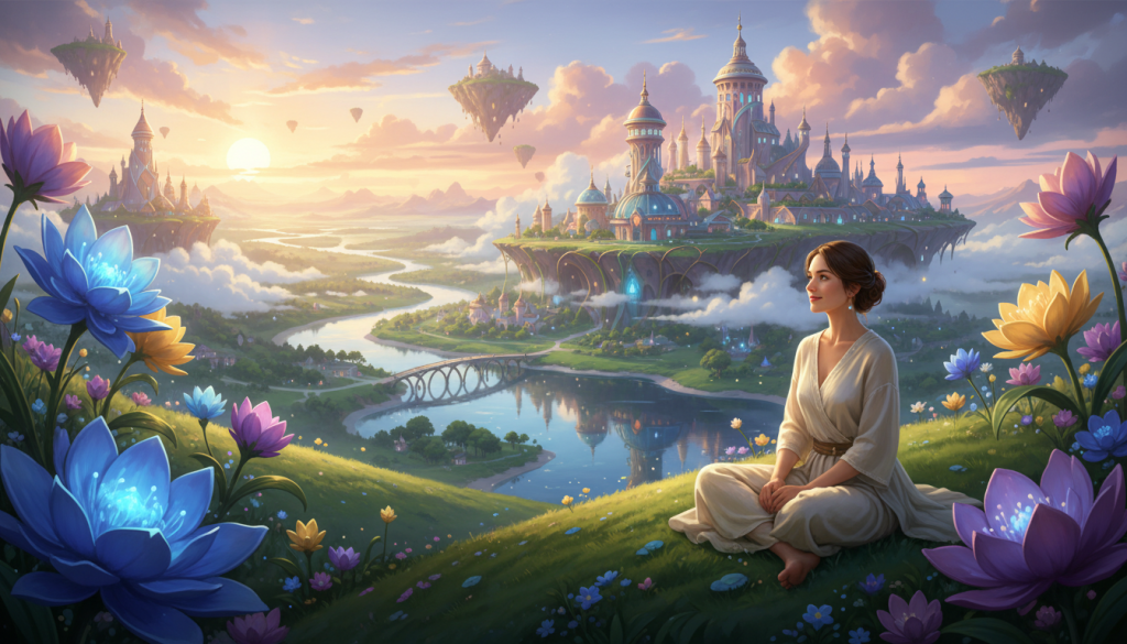 A whimsical and enchanting landscape that embodies the idea of imaginary worlds as a refuge. In the foreground, a serene figure, dressed in soft, modest clothing, sits cross-legged on a grassy hill, gazing dreamily into the horizon. Surrounding them are vibrant, oversized flowers, softly glowing with bioluminescent colors. In the middle ground, a tranquil stream flows through the scene, reflecting the colorful skyline of a magical city with floating islands and whimsical architecture. The background features a sweeping sunset, blending hues of purple, orange, and pink, casting a warm, nostalgic light. The overall atmosphere should evoke a sense of peacefulness and wonder, inviting the viewer into this fantastical escape. The composition should be captured from a slightly elevated angle to showcase the depth of this captivating world.