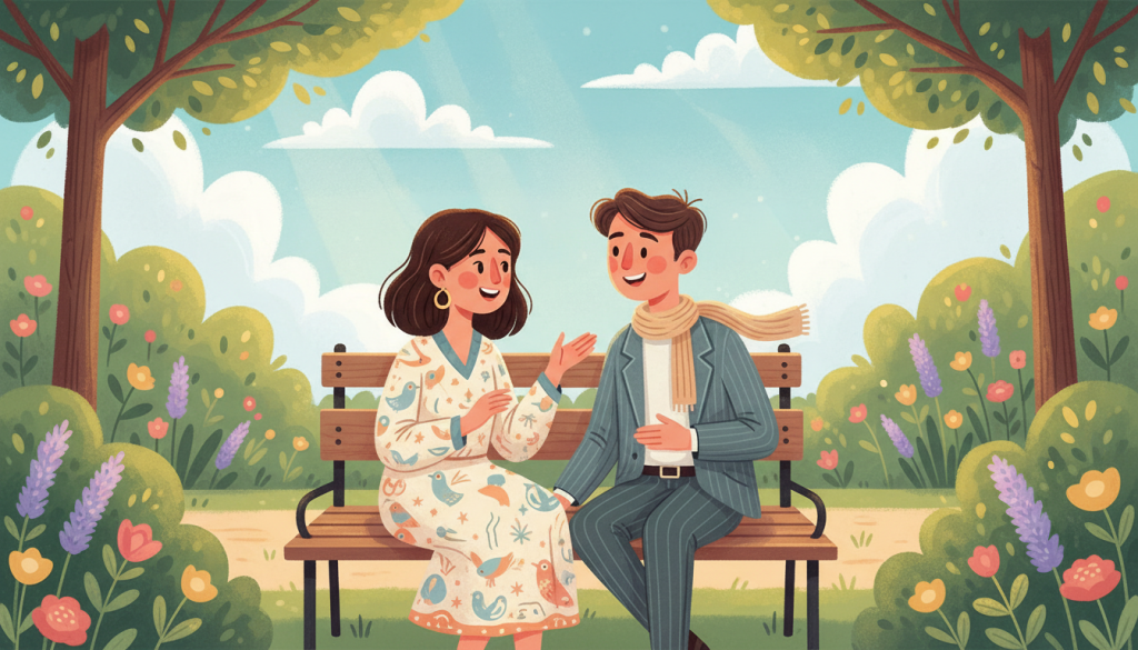 A whimsical and vibrant illustration of love language reflecting Gemini traits. In the foreground, two individuals share an intimate conversation, showcasing their connection. One is dressed in light, airy clothing with a playful pattern, while the other wears a smart-casual outfit, both displaying friendly and warm expressions. In the middle, a serene park setting with soft greenery, colorful flowers, and gentle sunlight filtering through the leaves enhances the atmosphere. The background features a dreamy sky with hints of blue and scattered white clouds, evoking a sense of joy and freedom. The overall mood is light-hearted and affectionate, embodying the essence of Gemini’s communicative and curious nature. Use warm, natural lighting to create a welcoming ambiance and a slight depth of field for focus. A whimsical and vibrant illustration of love language reflecting Gemini traits. In the foreground, two individuals share an intimate conversation, showcasing their connection. One is dressed in light, airy clothing with a playful pattern, while the other wears a smart-casual outfit, both displaying friendly and warm expressions. In the middle, a serene park setting with soft greenery, colorful flowers, and gentle sunlight filtering through the leaves enhances the atmosphere. The background features a dreamy sky with hints of blue and scattered white clouds, evoking a sense of joy and freedom. The overall mood is light-hearted and affectionate, embodying the essence of Gemini’s communicative and curious nature. Use warm, natural lighting to create a welcoming ambiance and a slight depth of field for focus.