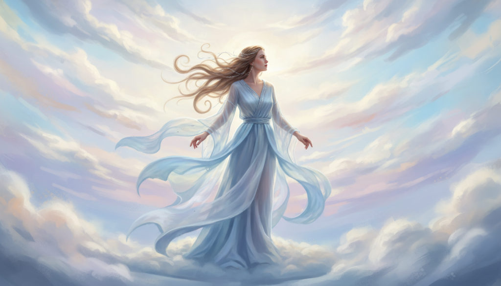 A whimsical, ethereal scene that embodies the "aire" sign, featuring a person with an adventurous spirit, dressed in soft, flowing garments that reflect subtle shades of blue and white. In the foreground, they stand against a backdrop of swirling clouds and gentle breezes, expressing a mix of curiosity and contemplation. Their hair flows elegantly, caught in an unseen wind, symbolizing the airy and changeable nature of Gemini. In the middle ground, soft pastel colors blend harmoniously, hinting at both clarity and contradiction. The background is a dreamy sky, illuminated by soft, diffused sunlight, creating a serene atmosphere. Capture a sense of wonder and introspection, inviting reflection on the duality of emotions and challenges associated with this air sign.