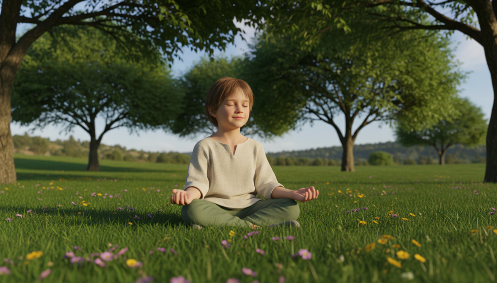 A young child sitting cross-legged on soft grass in a serene park, embodying self-compassion. The child has an expression of deep contemplation, with gentle sunlight filtering through the leaves, casting dappled shadows on their face. Surrounding the child are soft, lush green trees, creating a peaceful, nurturing environment. In the foreground, delicate wildflowers add vibrant colors, enhancing the warm, calming atmosphere. The background features a softly blurred landscape with gentle hills under a clear blue sky, evoking tranquility. The scene is captured from a slightly low angle, conveying a sense of innocence and openness. The overall mood is reflective and soothing, inviting viewers to connect with the theme of self-compassion.