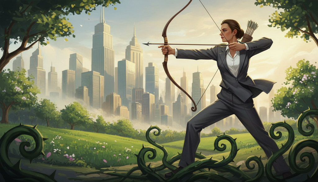 An artistic representation of the concept of envy symbolized by a Sagittarius zodiac sign, featuring a stylized Sagittarius archer poised elegantly, dressed in professional attire that conveys strength and ambition. The foreground highlights the archer with a bow drawn, casting a thoughtful gaze into the distance, embodying the complexity of emotions. In the middle ground, lush green fields symbolize growth and opportunities, while hints of a bustling city skyline emerge in the background, representing society and its competitive nature. Soft, diffused sunlight bathes the scene, creating a warm, introspective atmosphere. Capture the moment with a slightly elevated angle to enhance the archer's stature and convey determination, evoking feelings of both vulnerability and resilience.