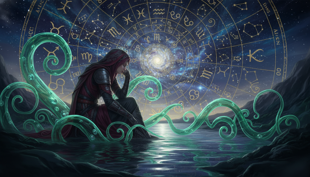 An astrological representation of jealousy, featuring a surreal, mystical landscape. In the foreground, a symbolic figure personifying Scorpio, adorned in deep burgundy and black textures, gazes thoughtfully into a shimmering pool of water. Around the figure, ethereal wisps of energy represent envy in shades of emerald and teal. In the middle ground, a celestial tapestry with intricate zodiac symbols and constellations glimmers against a twilight sky, hinting at the cosmic influences on human emotions. The background showcases a swirling galaxy, casting a gentle, ethereal light on the scene. The atmosphere is dense with introspection, weaving a sense of both beauty and tension, evoking the complexities of jealousy intertwined with astrological origins. Soft, diffused lighting enhances the dreamlike quality, while a slight vignette focuses the viewer’s attention on the central figure.