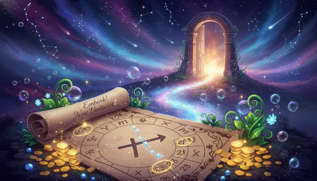 An enchanting and inspiring scene of a celestial calendar with magical dates highlighted for embarking on new entrepreneurial journeys. In the foreground, a beautifully illustrated astrological chart shows the sign of Sagittarius, surrounded by sparkling stars and ethereal symbols of wealth, like coins and flourishing plants. The middle ground features a glowing path leading toward an open doorway symbolizing new opportunities, with soft, uplifting lighting that evokes hope and possibility. The background is a dreamy night sky filled with vibrant constellations, blending purples, and blues, creating a serene atmosphere. The composition should be viewed from a slight aerial angle, capturing the elegance and mystery of the celestial elements.