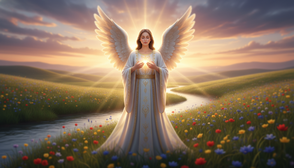 An ethereal angel stands as a guiding figure, exuding a sense of peace and wisdom. The foreground features the angel, adorned in flowing, soft white robes that shine with hints of gold, symbolizing divine connection. In the middle ground, a serene scene unfolds with a gentle stream winding through lush green meadows, alive with vibrant wildflowers, representing the flow of energy and emotion. The background reveals a sunset sky painted in warm oranges and purples, creating a calming ambiance. The light filters through soft clouds, casting a warm glow on the angel. The overall mood is tranquil and uplifting, inviting viewers to connect with their spiritual guide, emphasizing a journey toward inner peace and enlightenment. Use a soft-focus lens effect to enhance the mystical quality of the scene.
