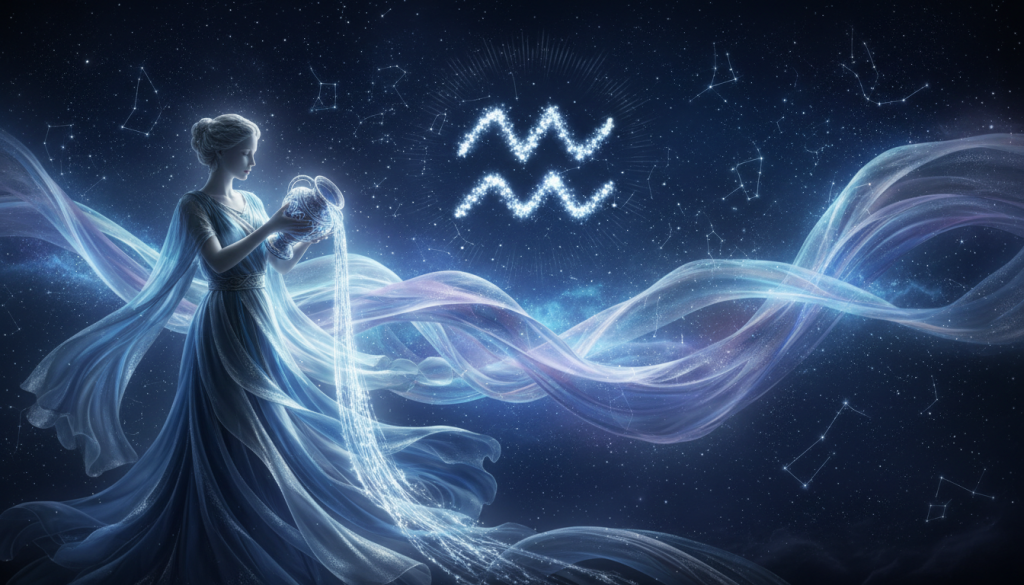 An ethereal representation of the Aquarius zodiac sign, symbolizing connection and love. In the foreground, a stylized water bearer, portrayed as a serene figure in flowing blue and silver robes, gracefully pours water from a chalice, symbolizing the flow of emotions. In the middle, a cosmic backdrop filled with twinkling stars and constellations shines brightly, emphasizing Aquarian ideals of innovation and community. The background features abstract waves of light, intertwining and flowing together to signify deep emotional connections. Soft, ambient lighting illuminates the scene, casting a dreamlike quality, while a wide-angle view captures the grandeur of the cosmos. The overall mood is tranquil yet profound, reflecting the essence of love for an Aquarius in a harmonious and visually captivating way.