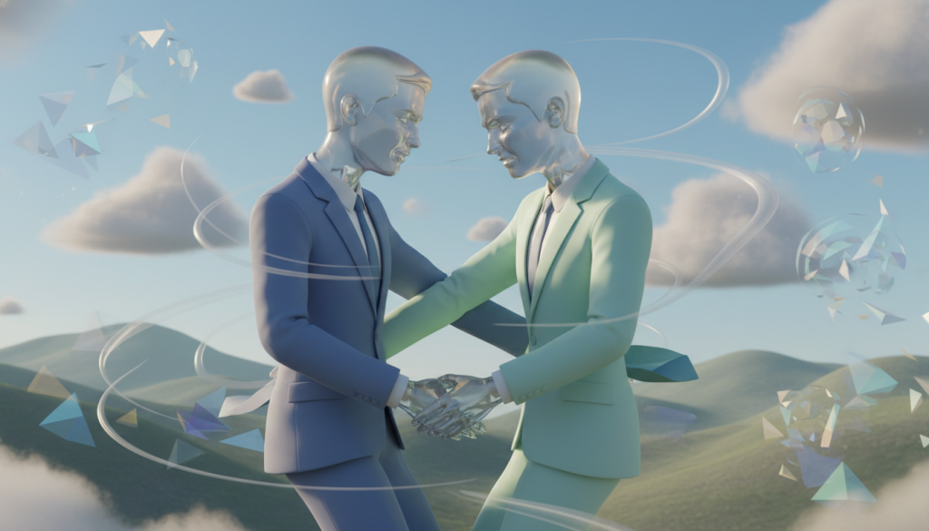 An ethereal representation of the air sign, Gemini, characterized by two intertwining figures that symbolize duality and balance, depicted in a serene landscape. In the foreground, the figures should be depicted in professional business attire, showcasing a blend of emotions reflecting envy and jealousy. The middle ground features wispy clouds floating against a blue sky, symbolizing the air element, while delicate winds create a sense of movement around the figures. The background should consist of soft hills and abstract shapes that evoke airiness. The lighting is warm and soft, casting gentle shadows that enhance the mood of introspection, with a focus on calm yet poignant emotion. The overall color palette consists of light blues and greens, enhancing the tranquil atmosphere. An ethereal representation of the air sign, Gemini, characterized by two intertwining figures that symbolize duality and balance, depicted in a serene landscape. In the foreground, the figures should be depicted in professional business attire, showcasing a blend of emotions reflecting envy and jealousy. The middle ground features wispy clouds floating against a blue sky, symbolizing the air element, while delicate winds create a sense of movement around the figures. The background should consist of soft hills and abstract shapes that evoke airiness. The lighting is warm and soft, casting gentle shadows that enhance the mood of introspection, with a focus on calm yet poignant emotion. The overall color palette consists of light blues and greens, enhancing the tranquil atmosphere.