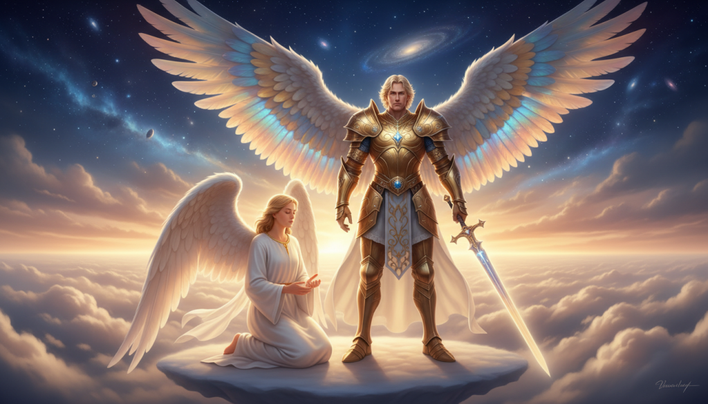 Angels and archangels in a serene celestial setting, showcasing their differences. In the foreground, a guardian angel with soft, ethereal wings, wearing modest, flowing robes, radiates warm light. Next to them, an archangel, more powerful and commanding, has grand wings with shimmering, iridescent feathers, adorned in ornate armor with a celestial sword. The middle ground includes a soft cloudscape, gently illuminated by a golden sunrise, creating an atmosphere of tranquility and reverence. The background features a starry cosmos, enhancing the divine theme. The scene is bathed in soft, diffused lighting, creating a peaceful and uplifting mood, captured from a slightly elevated angle to emphasize the grandeur of the celestial beings.
