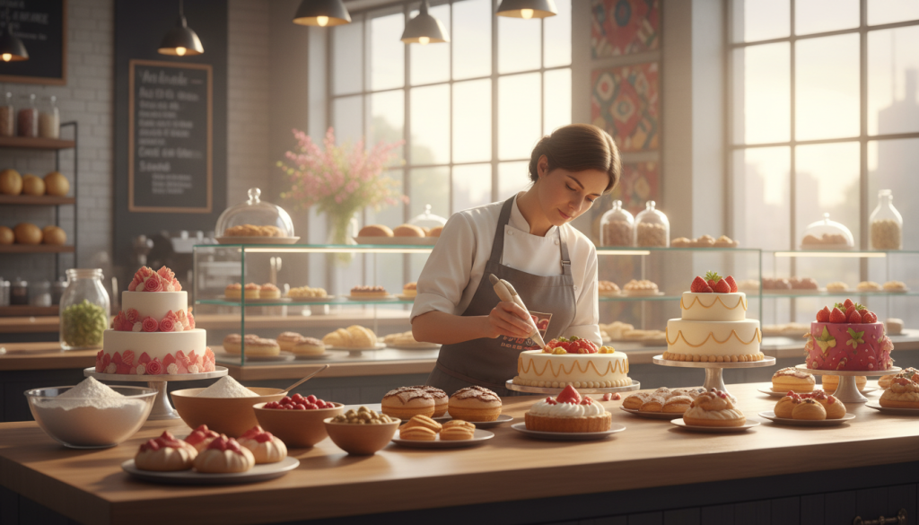 Astrid Gutsche in a vibrant, modern bakery setting, showcasing her expertise in pastry. In the foreground, a wooden counter filled with delicious, beautifully decorated pastries and cakes, with a soft golden light illuminating them. Astrid, wearing a stylish apron over professional attire, is skillfully frosting a cake, her expression focused and passionate. In the middle, fresh ingredients like flour and fruits are arranged neatly, highlighting her dedication to quality. The background reveals a warm, inviting bakery with gleaming glass displays and colorful decorations, with soft sunlight streaming through large windows, creating a bright and cheerful atmosphere. The overall mood is inspiring and professional, capturing the essence of success and dedication in the culinary world.