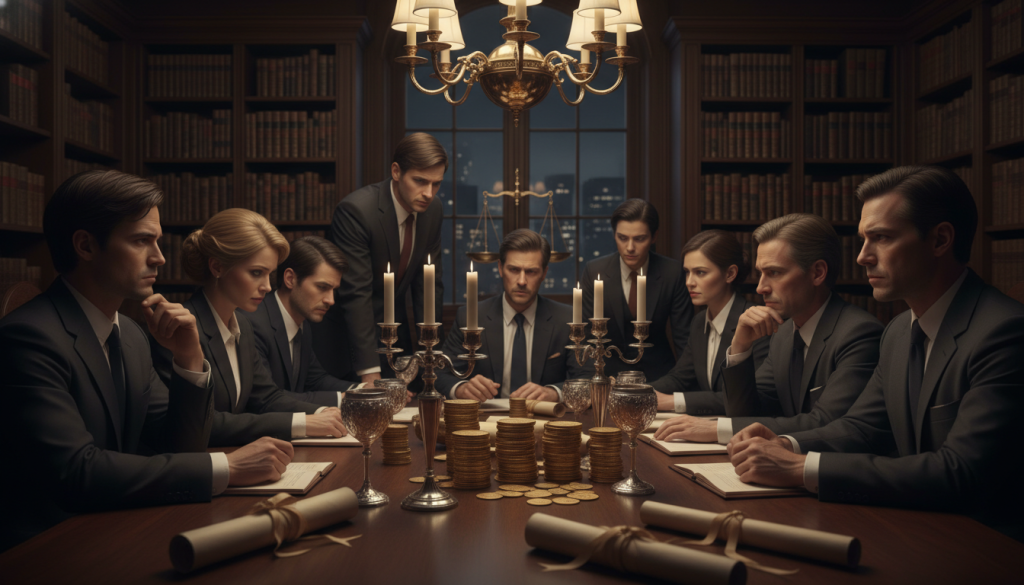 In a dimly lit room, a group of diverse individuals, dressed in professional business attire, gather around a large wooden table covered with various objects symbolizing wealth, such as gold coins and elegant artifacts. Their expressions convey a mix of concern and contemplation as they engage in a fair and serious discussion about the distribution of assets. In the background, shelves filled with legal books and ornate scales of justice emphasize the theme of balance and fairness. Soft, warm lighting from a vintage chandelier casts a gentle glow, creating a solemn atmosphere, while shadows subtly highlight the participants' faces, reflecting their emotional investment in the decision-making process. The composition should capture both the seriousness of the moment and the hope for equitable outcomes.