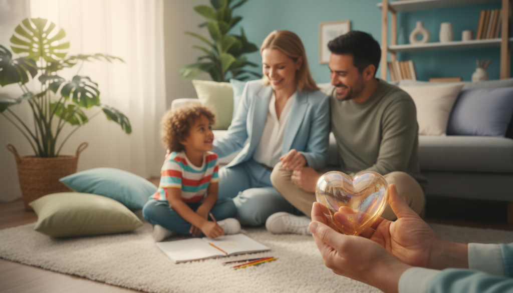 In a serene and emotionally nurturing setting, depict a warm, softly lit room filled with comforting elements. In the foreground, a pair of hands gently hold a heart-shaped object symbolizing emotional security, radiating soft light. In the middle, a diverse group of individuals — a woman in professional attire, a man in modest casual clothing, and a child drawing — interact playfully, showcasing connection and support. The background features calming colors like pastel blues and greens, with plants and soft pillows adding to the atmosphere of safety and belonging. The scene should have a sense of warmth and tranquility, encouraging feelings of comfort and emotional stability. Use natural lighting to enhance the inviting, supportive mood, capturing a moment of profound emotional connection and security. In a serene and emotionally nurturing setting, depict a warm, softly lit room filled with comforting elements. In the foreground, a pair of hands gently hold a heart-shaped object symbolizing emotional security, radiating soft light. In the middle, a diverse group of individuals — a woman in professional attire, a man in modest casual clothing, and a child drawing — interact playfully, showcasing connection and support. The background features calming colors like pastel blues and greens, with plants and soft pillows adding to the atmosphere of safety and belonging. The scene should have a sense of warmth and tranquility, encouraging feelings of comfort and emotional stability. Use natural lighting to enhance the inviting, supportive mood, capturing a moment of profound emotional connection and security.