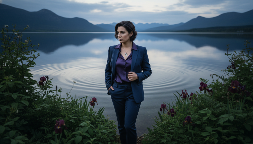 In a serene, reflective setting, depict a confident Scorpio individual standing at the edge of a tranquil water body, surrounded by lush vegetation. The foreground features the person, dressed in elegant yet professional attire, gazing thoughtfully into the water, symbolizing ambition and depth. In the middle ground, gentle waves ripple in the water, reflecting the sky's gradient hues of deep blues and silvery whites, conveying a sense of calm determination. The background showcases distant mountains, slightly blurred to enhance focus on the subject. Soft, diffused lighting creates a moody, introspective atmosphere, suggestive of ambition's ebb and flow. Capture this scene from a slightly elevated angle, emphasizing the connection between the Scorpio individual and the elemental water surrounding them.
